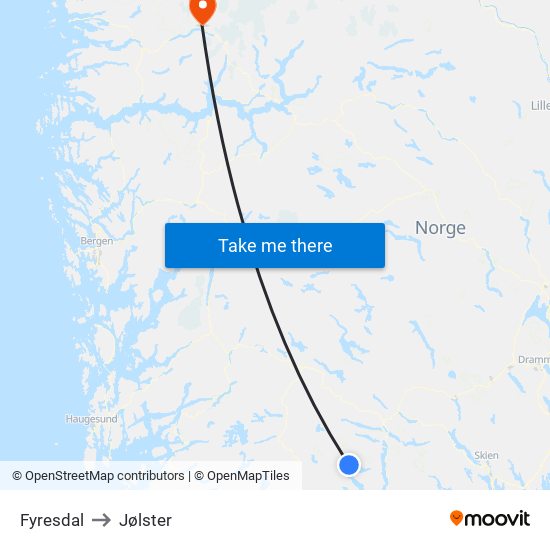 Fyresdal to Jølster map