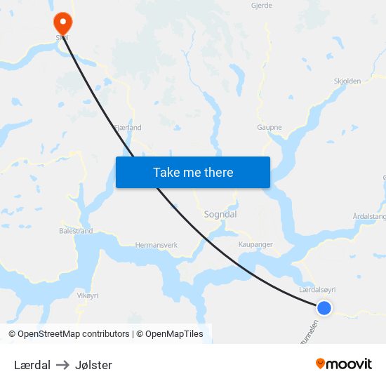 Lærdal to Jølster map