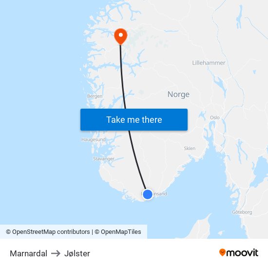 Marnardal to Jølster map