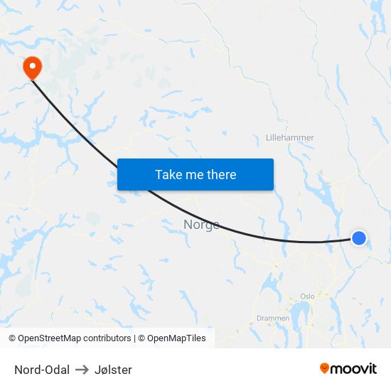 Nord-Odal to Jølster map