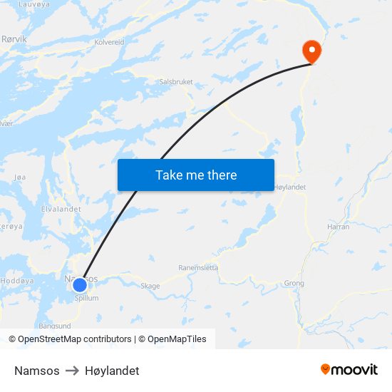 Namsos to Høylandet map