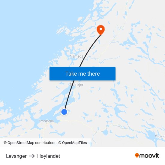 Levanger to Høylandet map