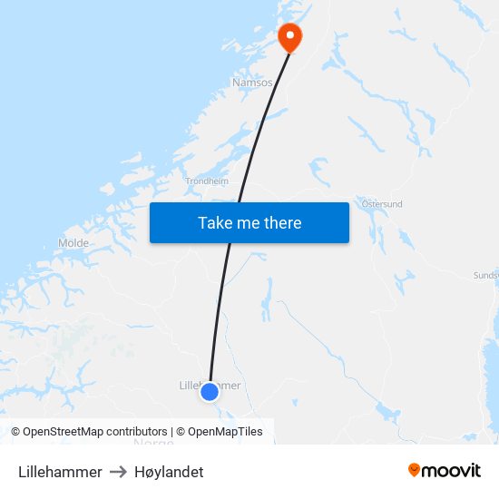 Lillehammer to Høylandet map