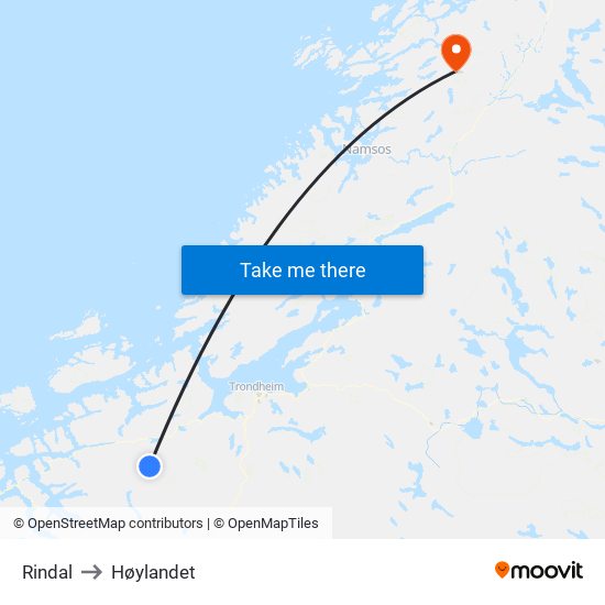 Rindal to Høylandet map