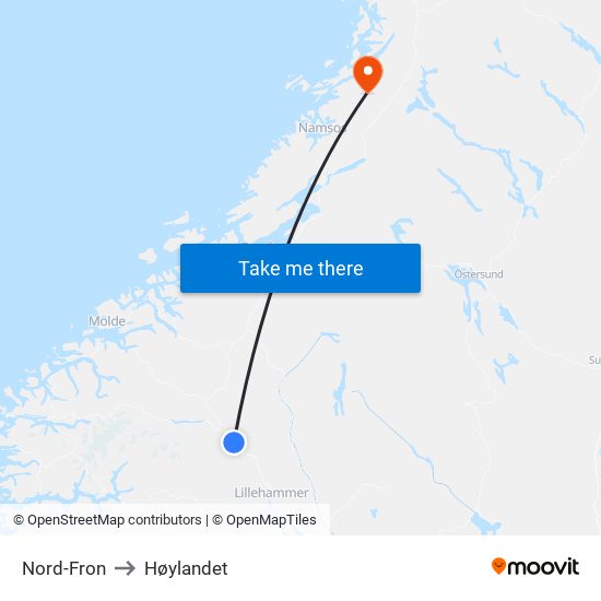 Nord-Fron to Høylandet map