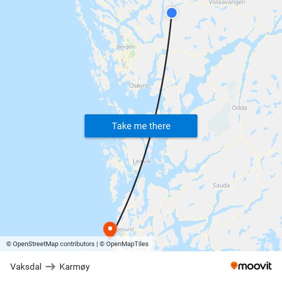 Vaksdal to Karmøy map