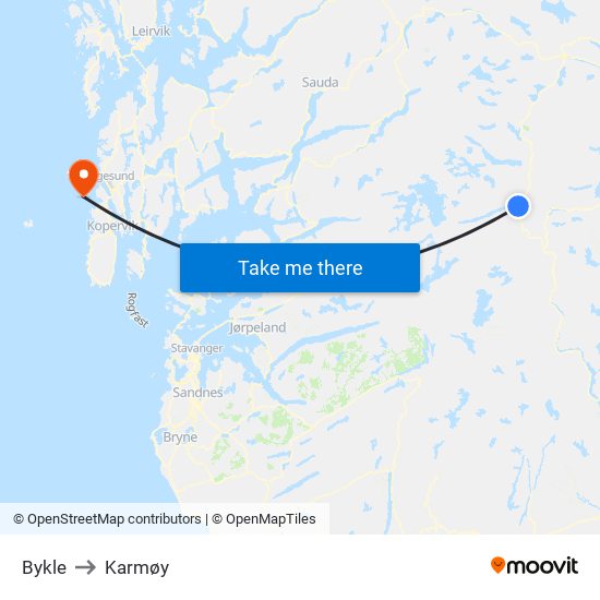 Bykle to Karmøy map