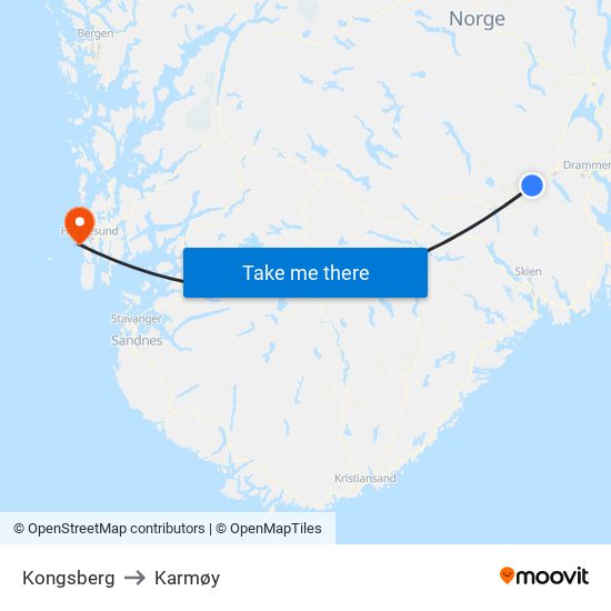 Kongsberg to Karmøy map