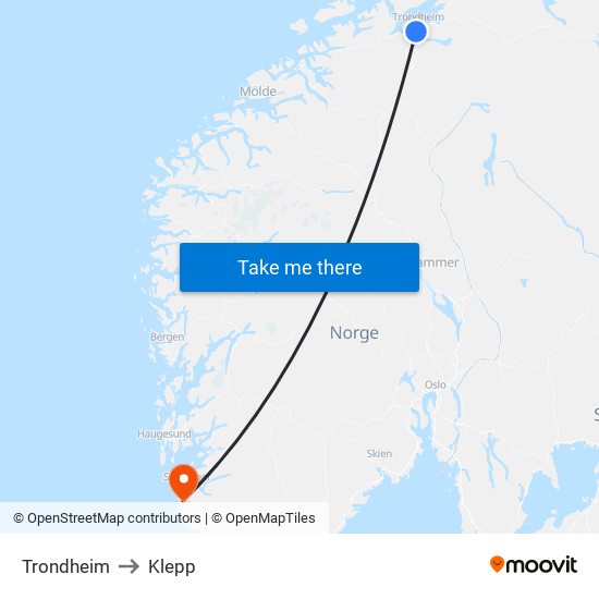 Trondheim to Klepp map