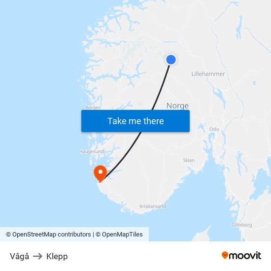 Vågå to Klepp map