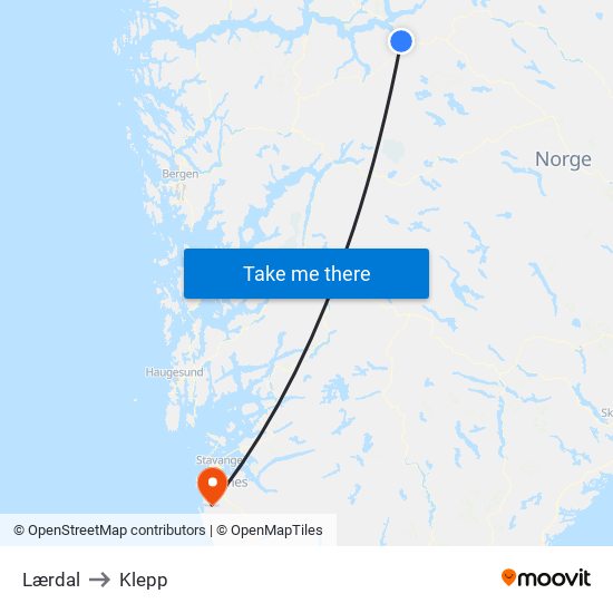 Lærdal to Klepp map