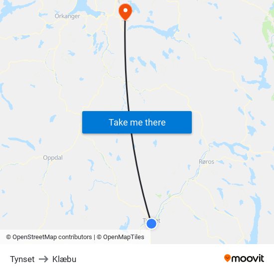 Tynset to Klæbu map