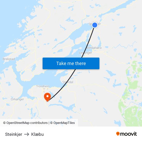 Steinkjer to Klæbu map