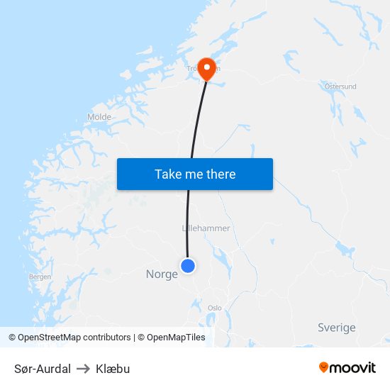 Sør-Aurdal to Klæbu map