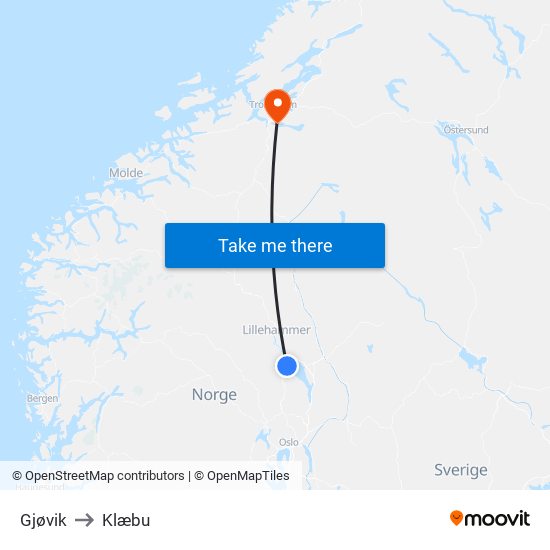 Gjøvik to Klæbu map