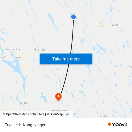 Trysil to Kongsvinger map