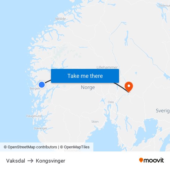 Vaksdal to Kongsvinger map