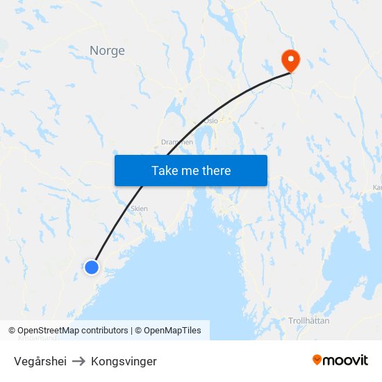 Vegårshei to Kongsvinger map