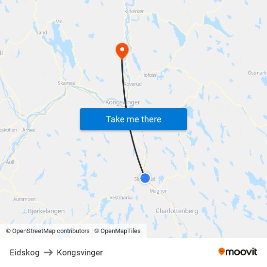 Eidskog to Kongsvinger map