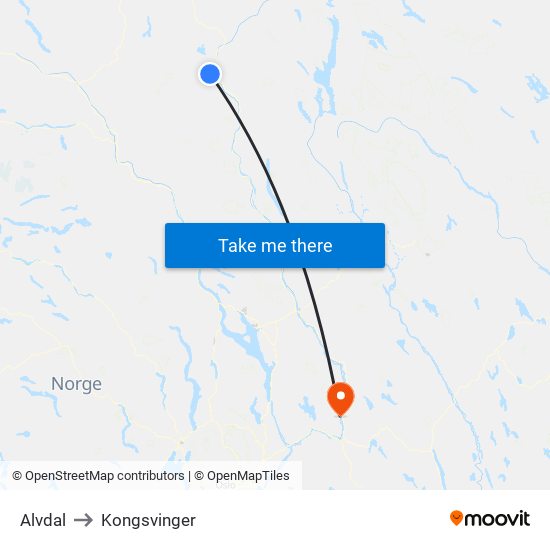 Alvdal to Kongsvinger map