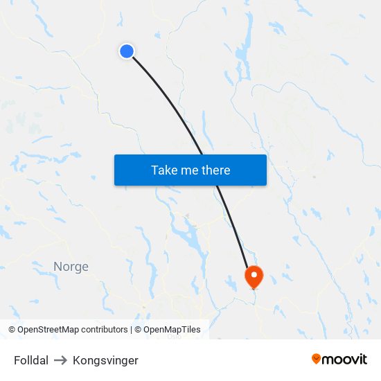 Folldal to Kongsvinger map