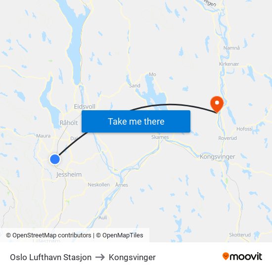 Oslo Lufthavn Stasjon to Kongsvinger map