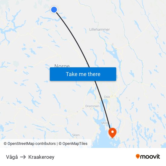 Vågå to Kraakeroey map