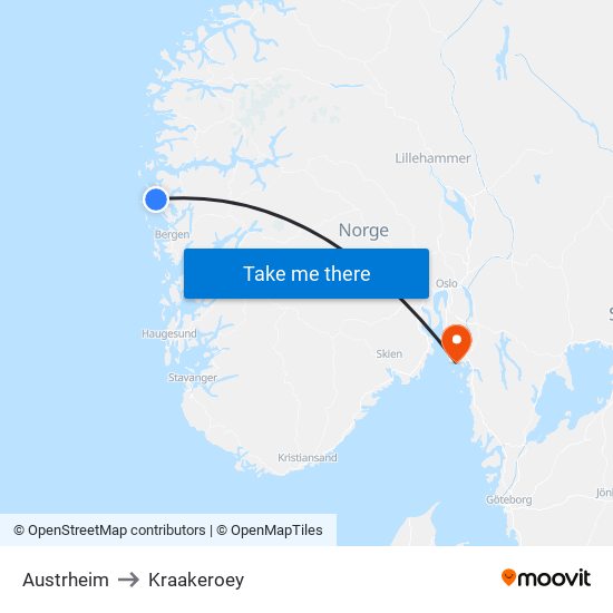 Austrheim to Kraakeroey map