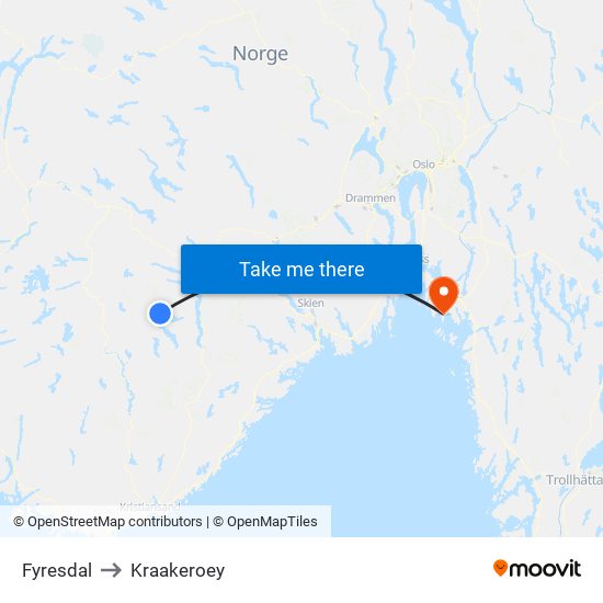 Fyresdal to Kraakeroey map