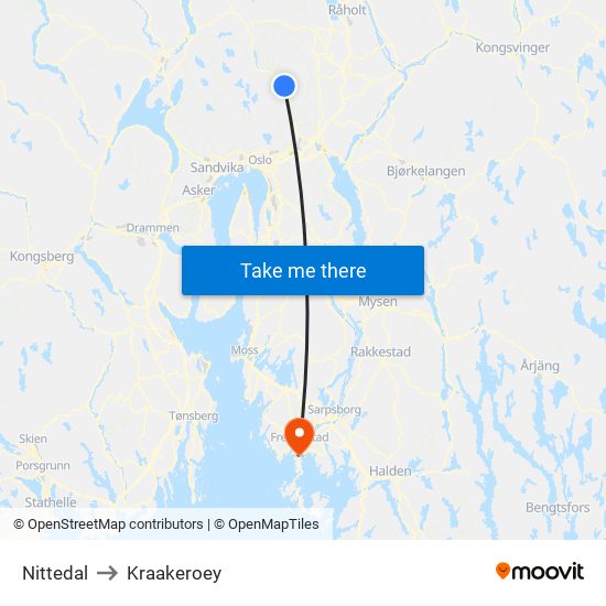 Nittedal to Kraakeroey map