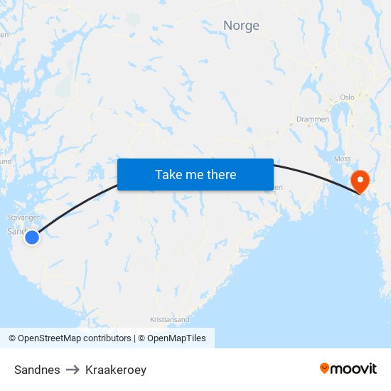 Sandnes to Kraakeroey map