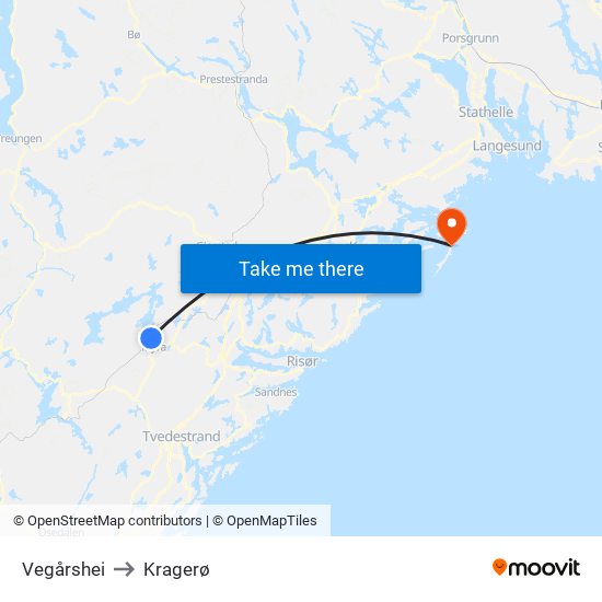 Vegårshei to Kragerø map