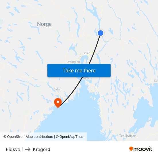 Eidsvoll to Kragerø map