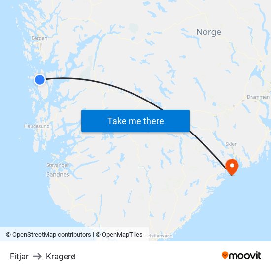 Fitjar to Kragerø map