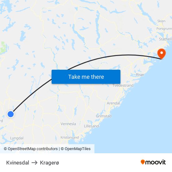 Kvinesdal to Kragerø map