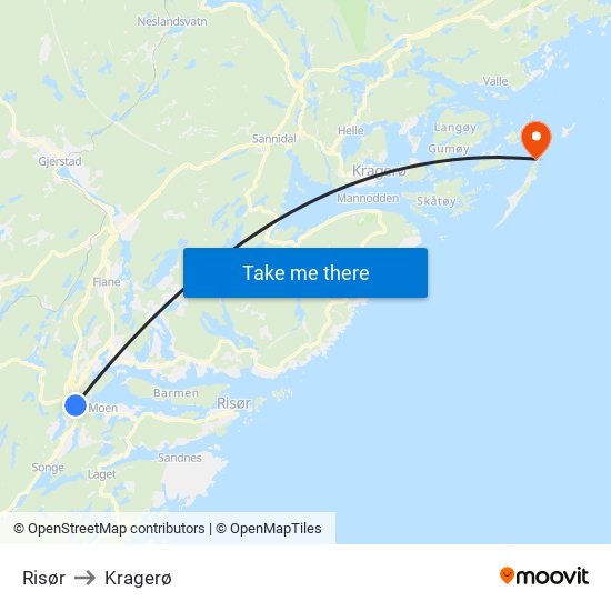 Risør to Kragerø map