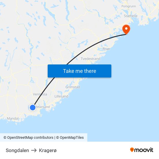 Songdalen to Kragerø map