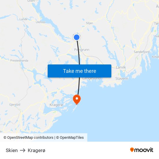 Skien to Kragerø map