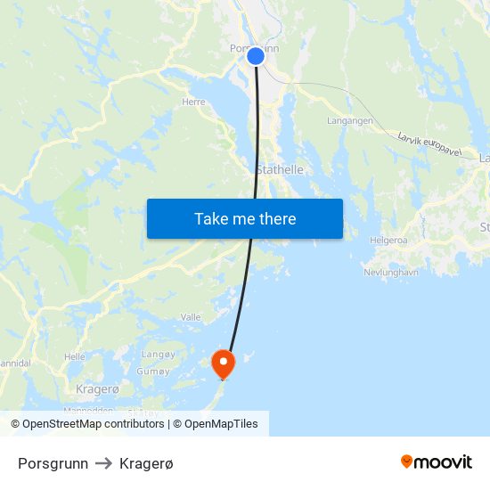 Porsgrunn to Kragerø map