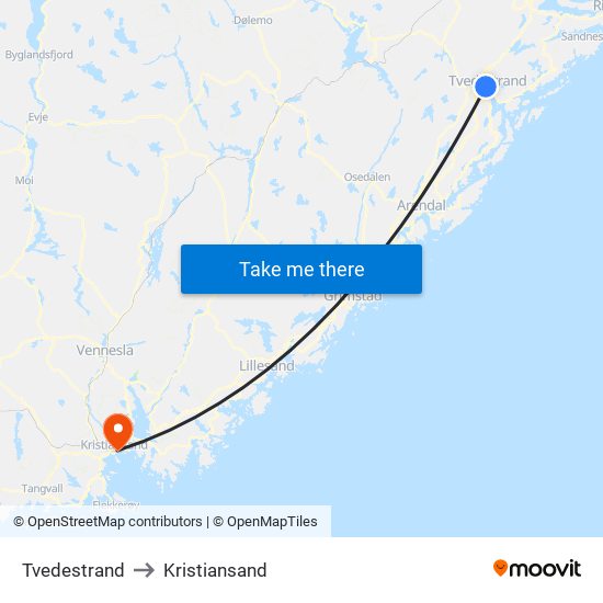 Tvedestrand to Kristiansand map