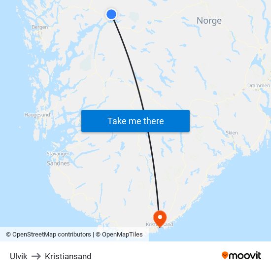 Ulvik to Kristiansand map