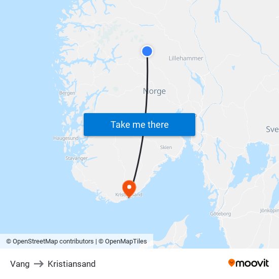 Vang to Kristiansand map