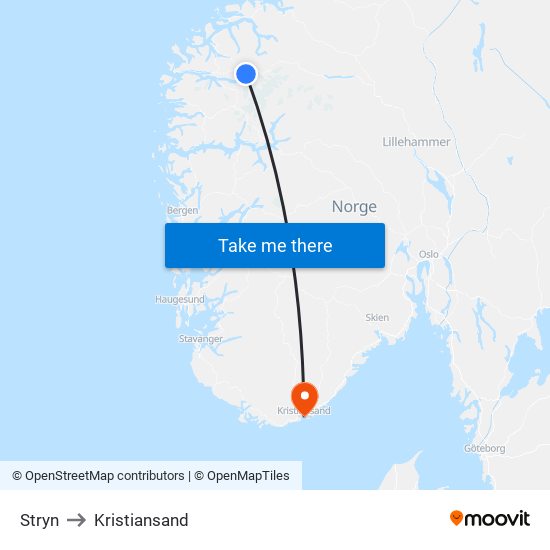 Stryn to Kristiansand map