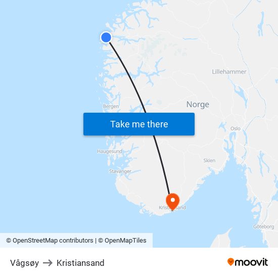 Vågsøy to Kristiansand map