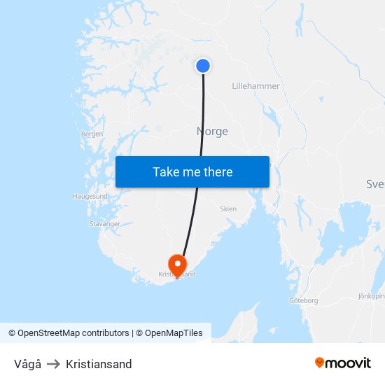 Vågå to Kristiansand map