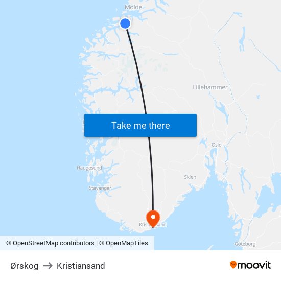 Ørskog to Kristiansand map