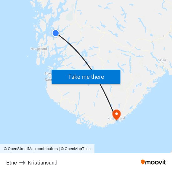 Etne to Kristiansand map