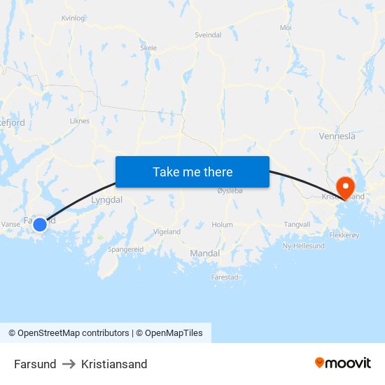 Farsund to Kristiansand map