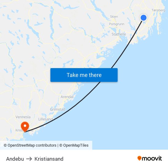 Andebu to Kristiansand map