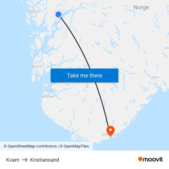 Kvam to Kristiansand map